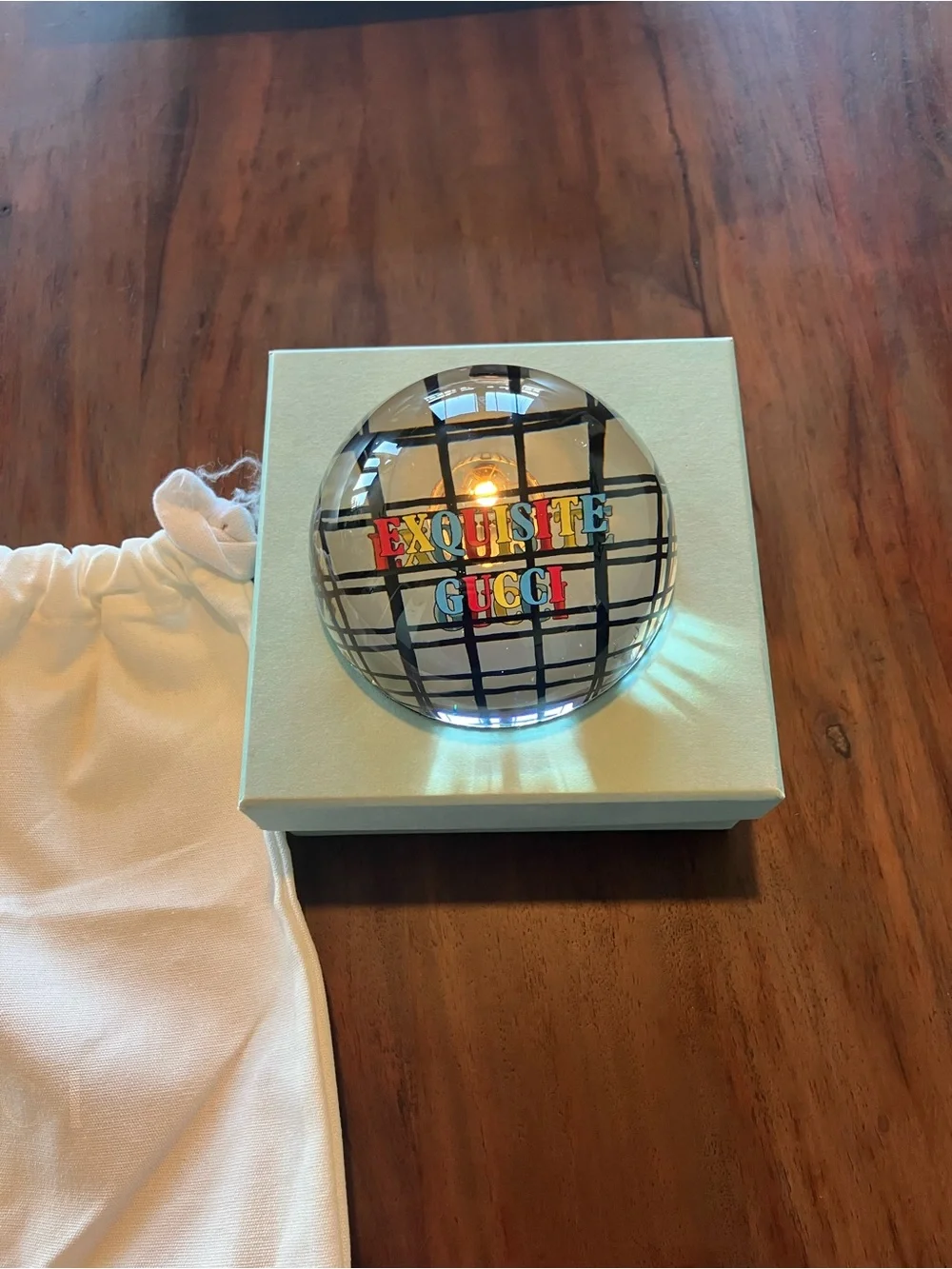 Gucci Clear Glass Paperweight with Black Grid and Multicolor Logo